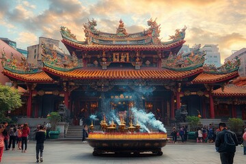 Fototapeta premium ornate temple courtyard at sunset with glowing incense burner, rising smoke and people in quiet reverence