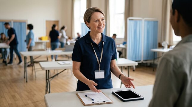 Woman assisting people at donation drive with tablet in community center  