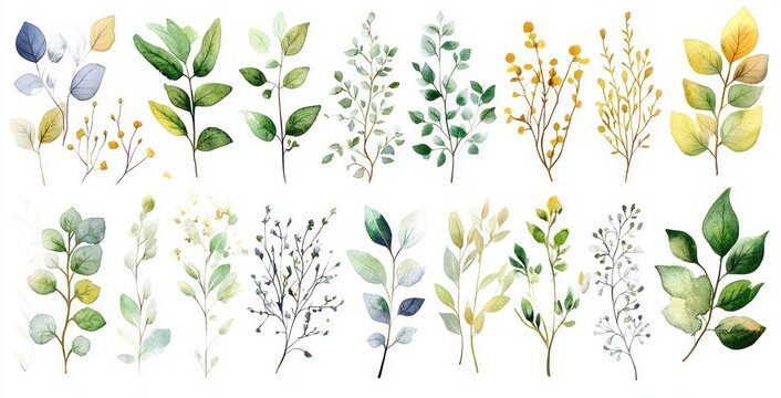 delicate watercolor collection of green and yellow leaf sprigs, tiny berry clusters and branches, soft botanical illustrations evoking calm fresh natural serenity
