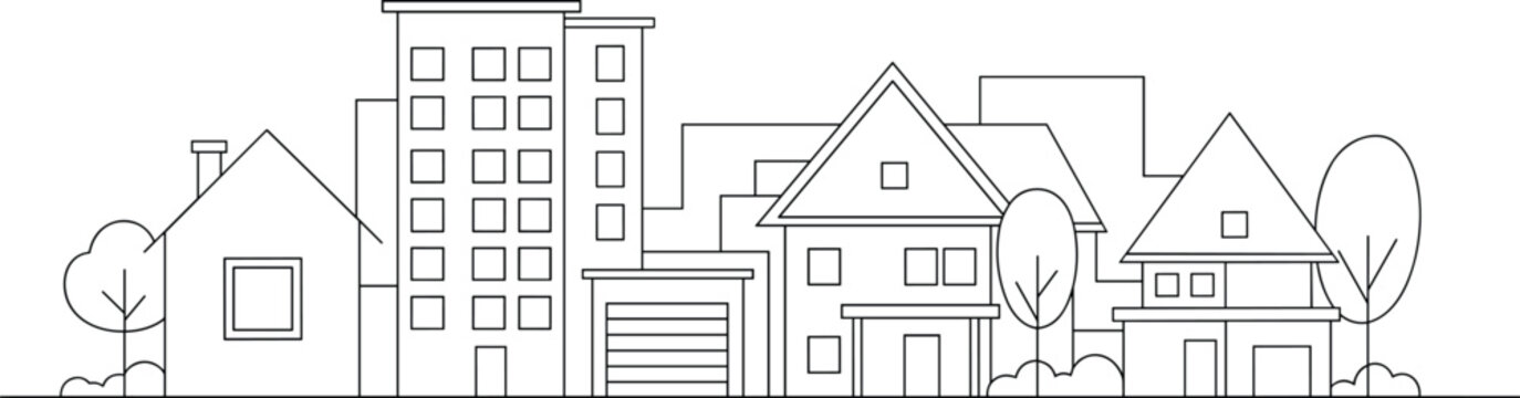 Modern residential neighborhood line art illustration with houses buildings and trees minimal urban landscape outline isolated on white background