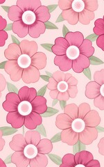 Fototapeta premium Pink flowers with green leaves on soft pink background in a cheerful