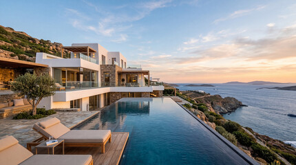 Fototapeta premium Infinity pool overlooking a coastal landscape at sunset