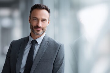 Fototapeta premium Professional businessman portrait smiling in modern office environment, career confidence and corporate success concept