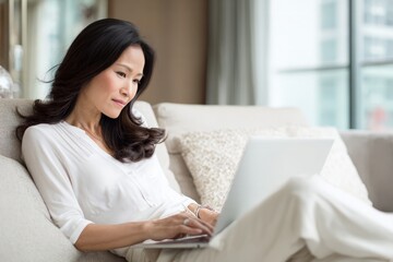 Fototapeta premium Asian woman working on laptop while relaxing on sofa