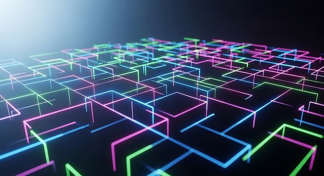 A futuristic neon-lit maze glows with pink, green, and blue lines on a dark background, showcasing a complex network of illuminated pathways in a technological landscape.
