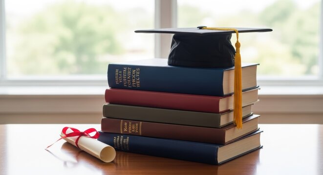 Graduation cap on a stack of old books with a diploma scroll. Academic achievement and education concept. Higher school ceremony and university degree symbol for student success.