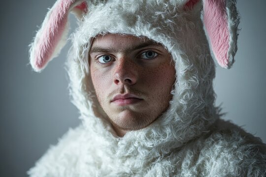 close-up portrait of a person in a fluffy white lamb costume with pink inner ears against a muted gray background, evoking a quiet, pensive mood