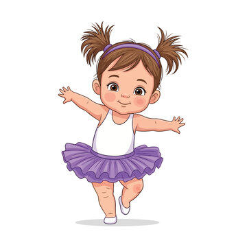 Cartoon illustration of a cheerful little girl in a purple tutu and white leotard dancing on a plain white background.