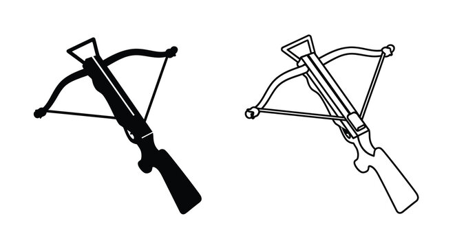 Two crossbow depictions one solid black and one outlined presented as a silhouette