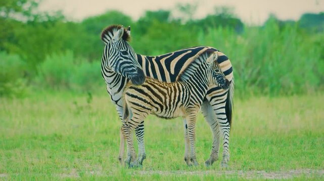 Burchell's Zebras, mother and foal in Addo Elephant National park, Concept of wildlife. 