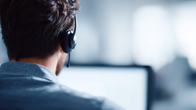 Technical support agent analyzing system information on desktop computer at call center