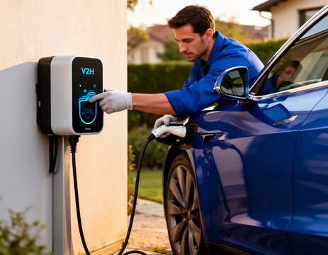 Man activating a V2H smart bidirectional charger for his blue electric vehicle in a modern home driveway. Medium shot, warm sunset golden hour lighting, lifestyle photography