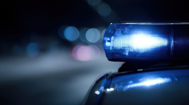 Police siren blue flashing lights emergency vehicle responding to accident night road background