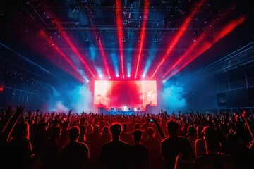 Naklejka premium Energetic indoor concert with silhouetted crowd raising hands toward a glowing red and blue stage screen, dramatic fog and beams of light conveying exhilaration and unity