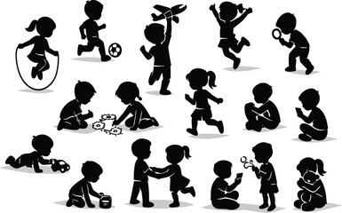 Obraz premium Children silhouettes, playful activities, childhood games, curiosity icons, social interaction, creative play, outdoor fun, family bonding, minimalist lifestyle illustration