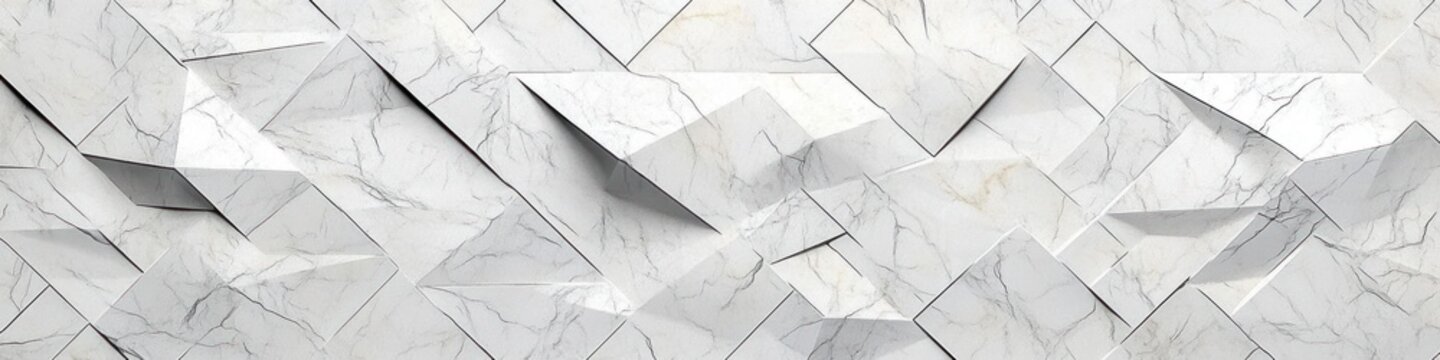 white marble geometric 3d tiled wall with angular folded faceted panels, subtle shadows and veins conveying calm minimalist elegance