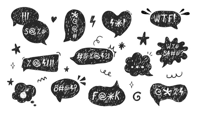 Crayon speech bubble with swear words doodle, hand drawn comic. Grunge speech bubbles with the curses, insults, vulgar rage, swear word symbols