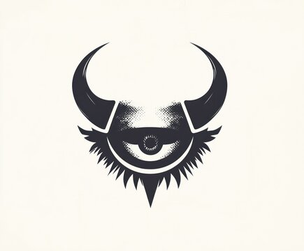 symmetrical black horned emblem with a single eye, curved horns, spiky mane and triangular chin, minimalist ominous mask-like creature