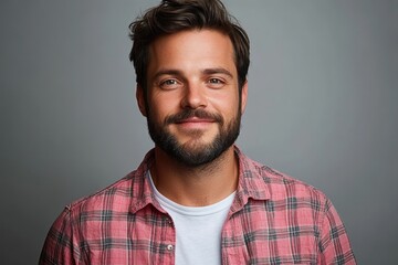 Fototapeta premium male portrait wearing red plaid shirt over white t-shirt, relaxed neutral pose against plain gray backdrop