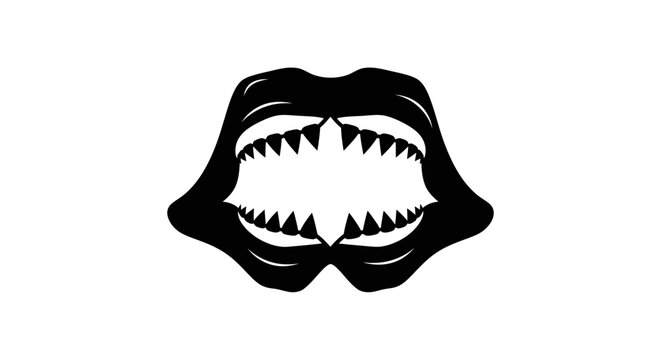 Black lips with sharp vampire fangs.