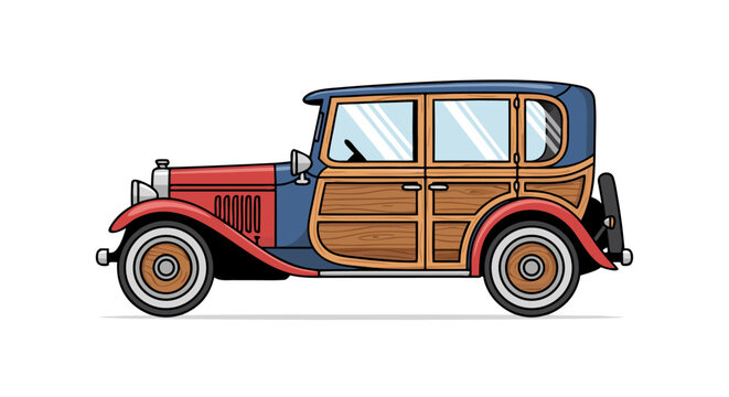 Vintage wood panel station wagon parked on white background