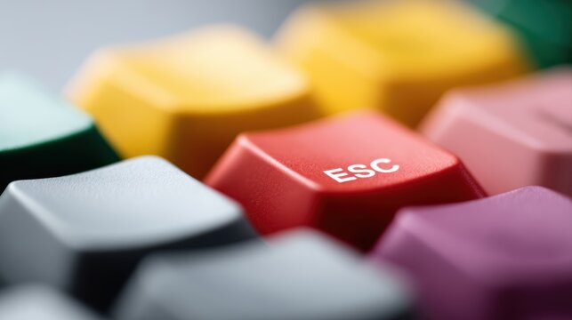 Multiple colorful keyboard keys Esc text symbolizing emergency stop technology