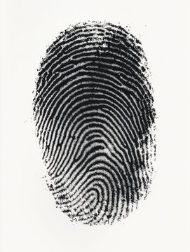 black ink fingerprint on white paper close-up of ridges and spirals conveying mystery and identity