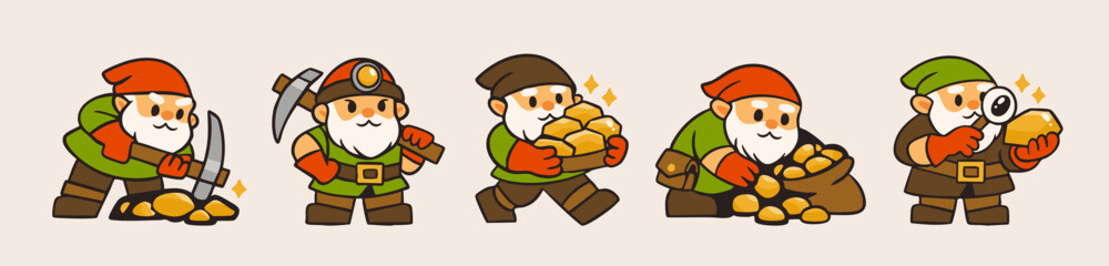 Obraz premium Gnome Miners in various poses. Cute gnomes with pickaxe, helmet, gold nuggets, sack, magnifying glass. Hand drawn Vector illustration. Isolated design elements. Treasure mine, mobile game concept