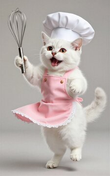 White cat chef in pink apron whisk in paw joyful kitchen scene.