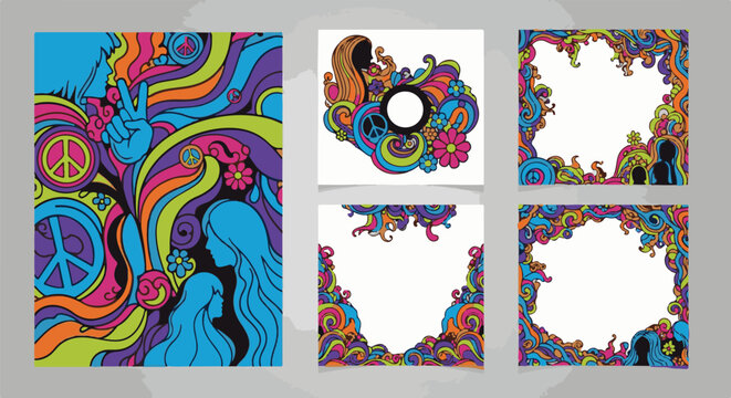 Vibrant psychedelic patterns with peace symbols and silhouetted figures