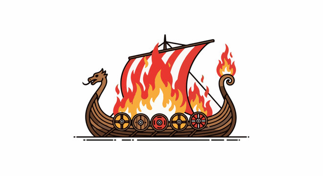 A stylized illustration of a Viking ship on fire, with a dragon head prow and a flaming sail