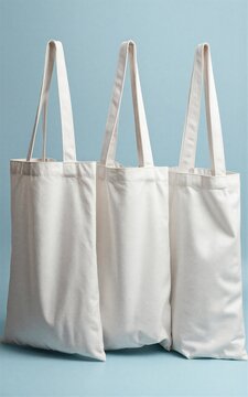 Three white canvas tote bags stand neatly against a soft blue