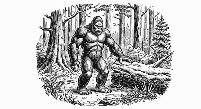 A hairy, muscular bipedal creature stands in a dense, black and white forest setting