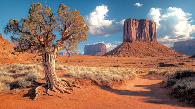 gnarled desert tree beside a winding sandy path leading to towering red sandstone buttes under a dramatic blue sky with fluffy clouds, warm golden light and serene solitude