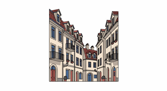A narrow, charming street lined with historic, colorful buildings and dormer windows