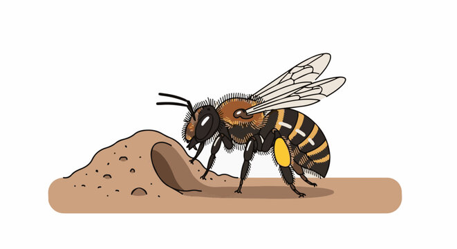 A cartoon bee with yellow and black stripes approaches a small mound of dirt