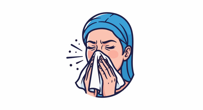 Cartoon illustration of a person sneezing into a tissue, with blue hair