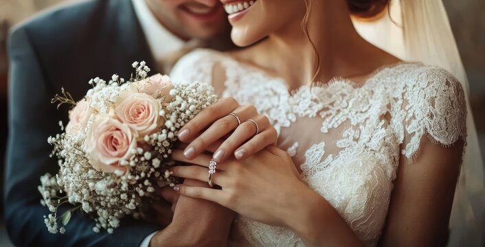 Close-up of a smiling couple embracing on their wedding day, bride in lace gown with veil holding a bouquet of pink roses and baby's breath, hands with rings showing romantic joy