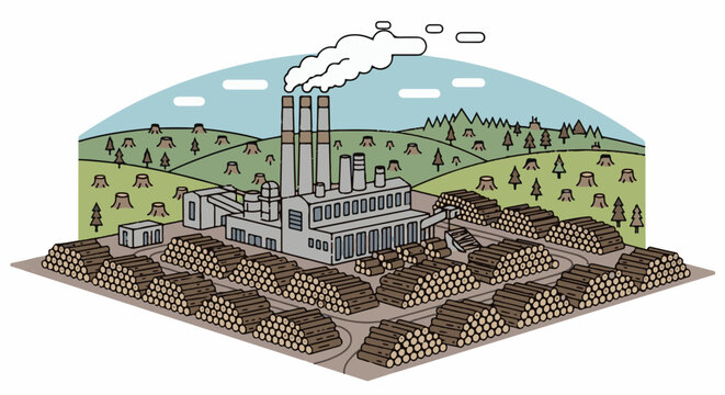Industrial plant with large wood stacks in foreground and deforested hills in background