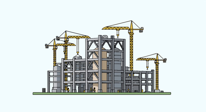 Industrial facility under construction with yellow cranes and grey structures
