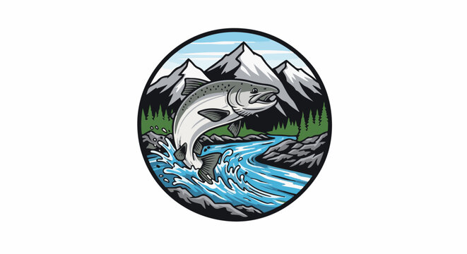 Salmon leaps from a rocky, blue river surrounded by pine trees and snow-capped mountains
