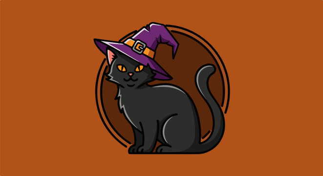A black cat wearing a purple witch hat and orange accents sits within a brown oval outline