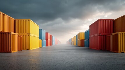 Fototapeta premium Colorful shipping containers, stacked in rows, against a cloudy sky