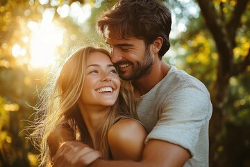 Fototapeta premium Young couple embracing outdoors at golden hour, man hugging woman from behind in warm backlit trees, intimate and joyful moment