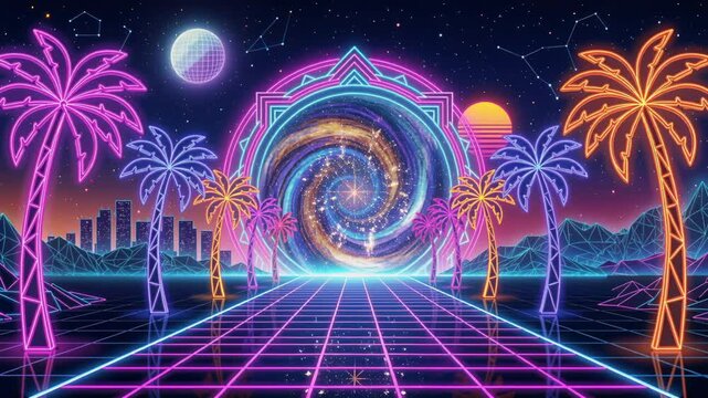 Retro Futurism And Metaverse Travel Neon Palm Trees And Digital Grid With Galaxy Portal Nostalgic 80s Style Background.