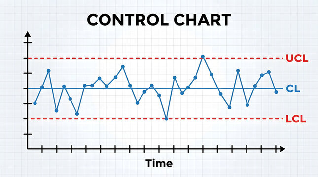 Statistical process control chart with upper and lower control limits over time