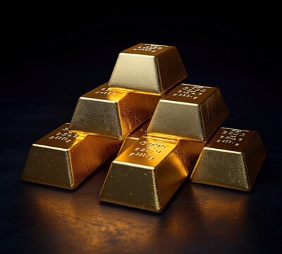 six stacked gold bullion bars on a dark surface glowing with warm light, evoking luxury and wealth