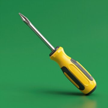 Yellow Flathead Screwdriver with Black Handle Isolated on Green Background