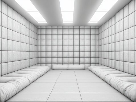 white padded room with cushioned benches, grid-pattern soft walls and bright rectangular ceiling lights conveying calm clinical stillness