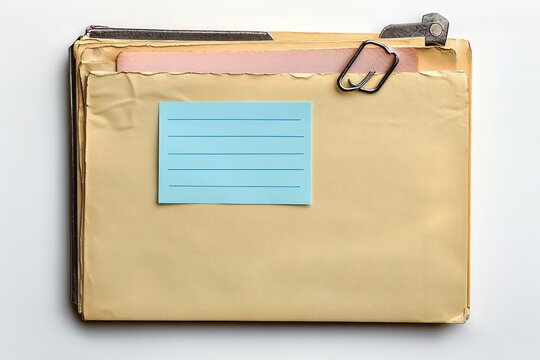 worn manila file folders stacked with a blue lined sticky note and metal paper clip on a clean white background, orderly and prepared